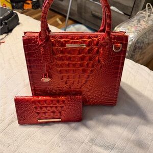 Brahmin Red Croc-Embossed Satchel with Matching Wallet